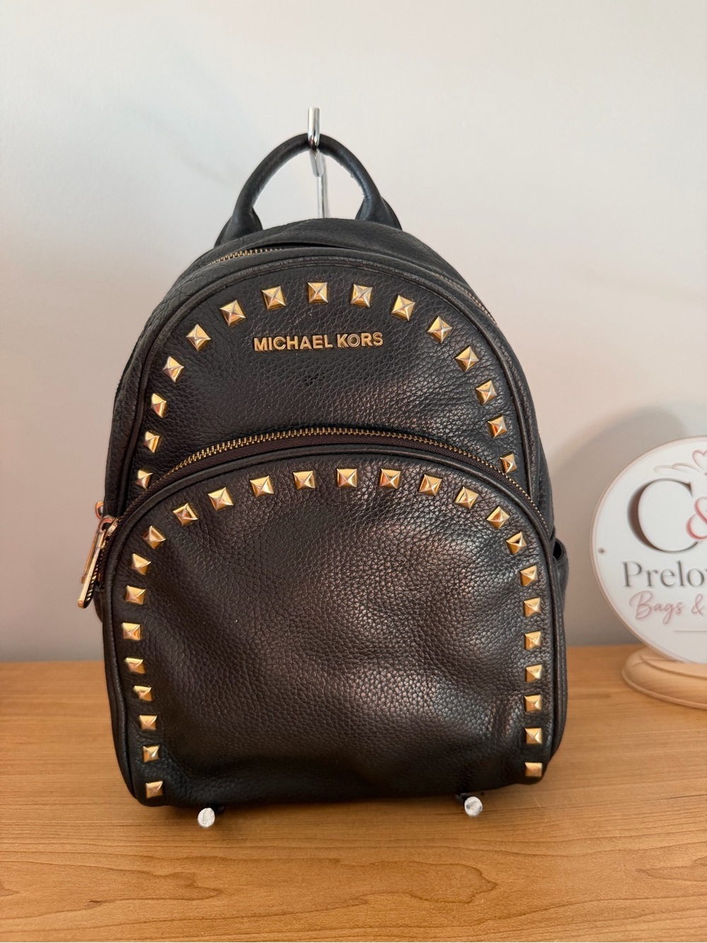 Michael Kors Black Leather Mini Backpack with Gold Studs